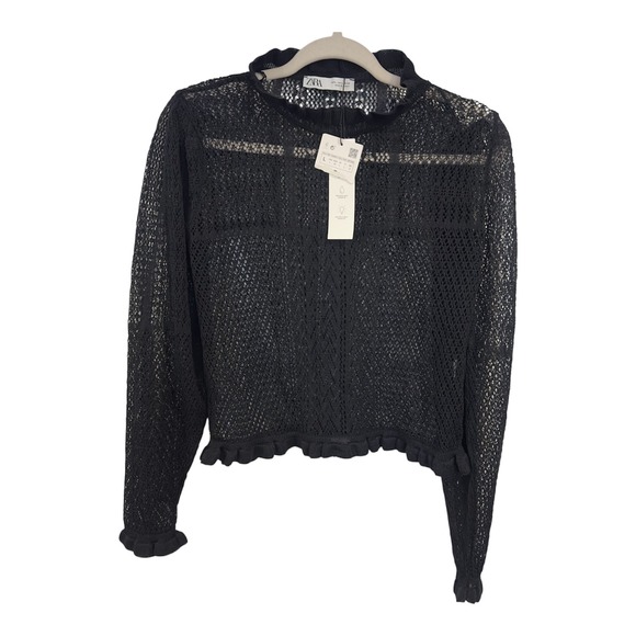 Zara Sweaters - Zara Womens Black Open Knit Crochet Ruffle Trim High Neck Sweater Large NEW